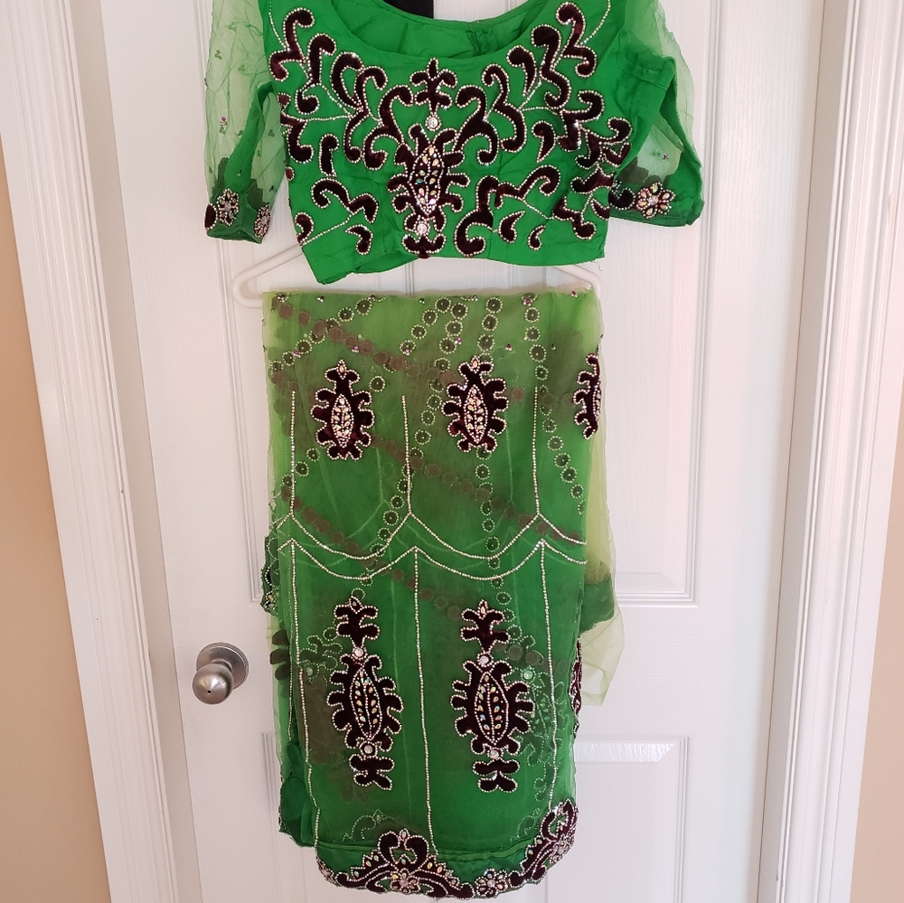LIKE NEW - Lime Green and Purple Sari